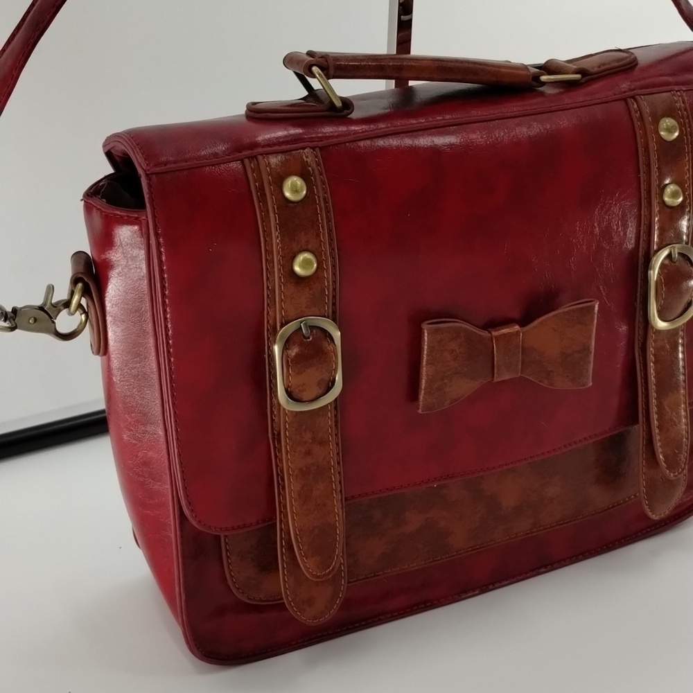 ECOSUSI faux leather red and tan satchel with removable crossbody strap - Picture 4 of 14
